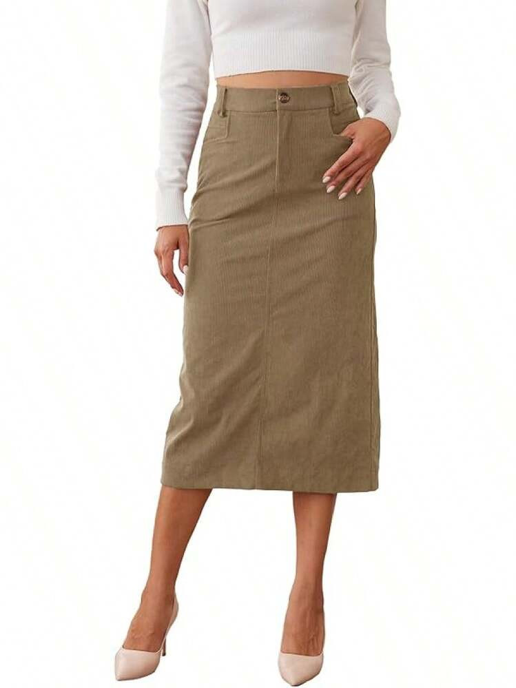 Women's Midi Corduroy Skirt Pencil Elastic High Waisted Back Slit Winter Long Skirts Women With P... | SHEIN