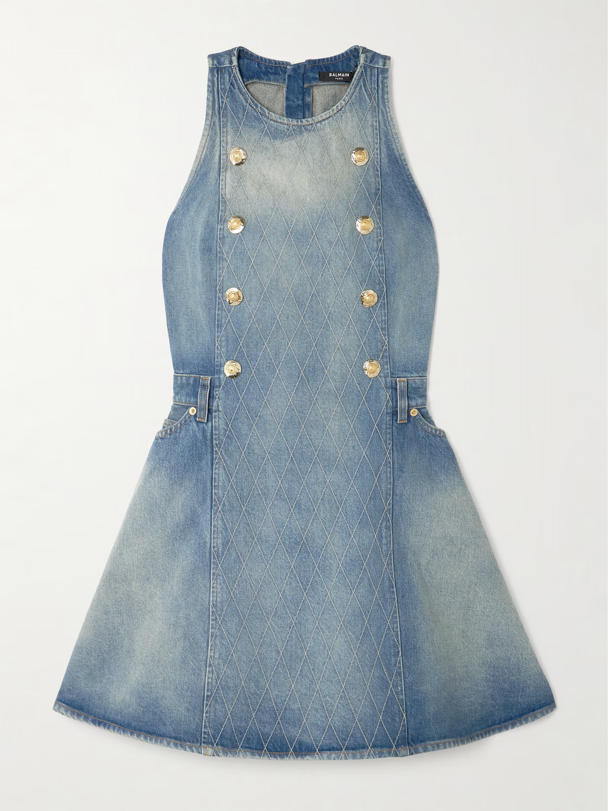 Balmain - Button-embellished Embroidered Denim Mini Dress - Blue | NET-A-PORTER (US)