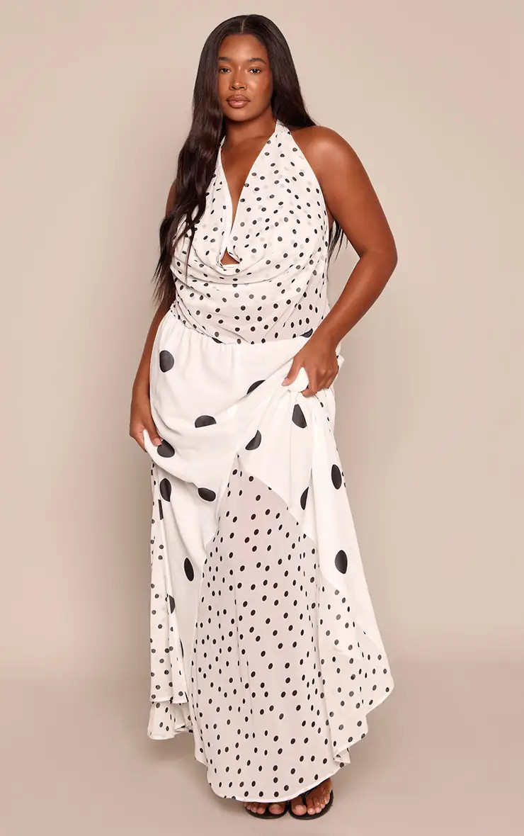 White and Black Contrast Polka Dot Halterneck Satin Maxi Dress | PrettyLittleThing USA | PrettyLittleThing US
