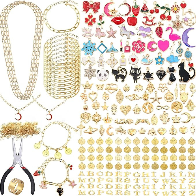 Tamkudoy Gold Charms Bracelet Necklace Making Kit- 419 PCS Jewelry Making Kit with Paperclip Brac... | Amazon (US)
