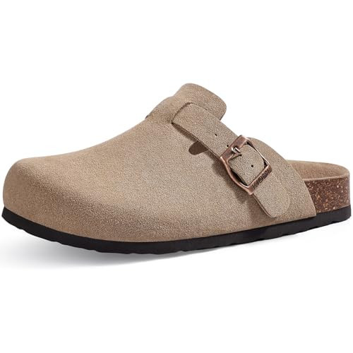 KIDMI Unisex Vegan Suede Clogs Leather Mules Womens Mens Cork Footbed Potato Shoes with Arch Support, Vegan Suede Taupe, Size 6-6.5 | Amazon (US)