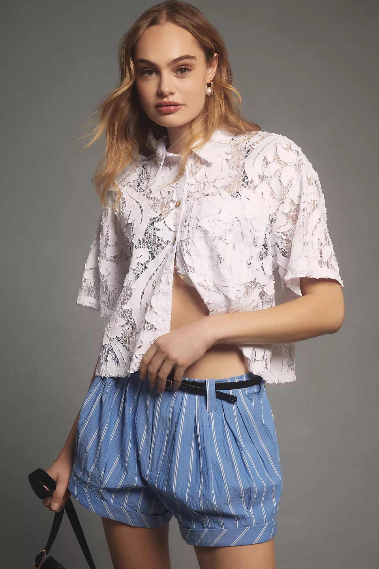 Pilcro Short-Sleeve Lace Buttondown Shirt | Anthropologie (US)