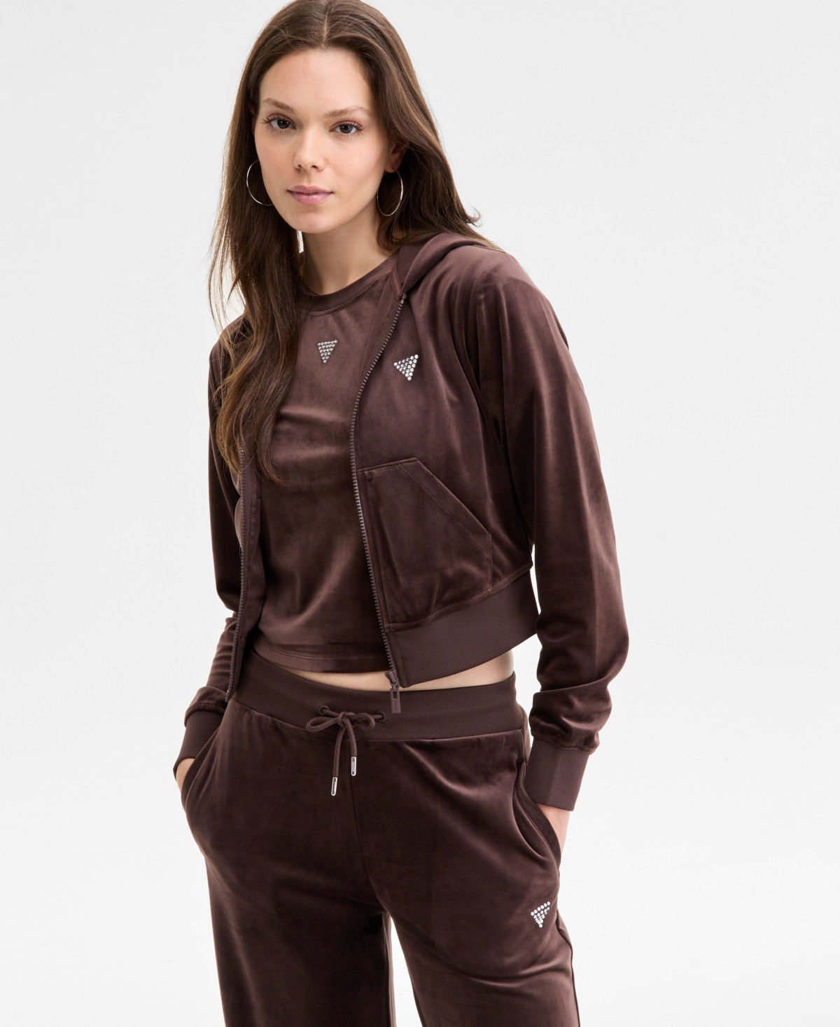 Guess Women's Couture Cropped Velour Hoodie - Regal Brown | Macy's