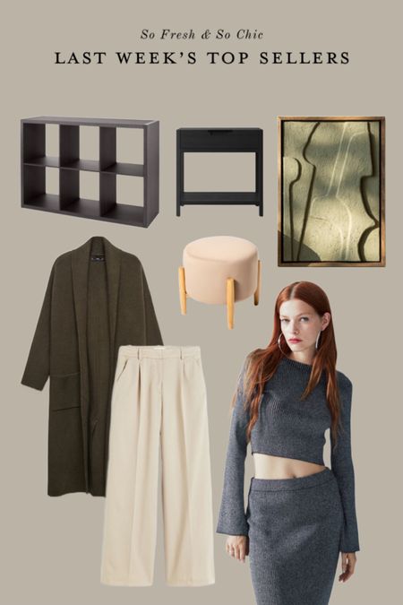 Last week’s home and fashion top sellers! 
-
Mango - H&M - Target Project 62 - Brightroom - Etsy textured wall art green - long olive green sweater coat women - beige dress pants women - grey knit matching set long sleeve top and skirt women - work outfit - Fall outfit - Studio McGee ottoman beige velvet - black minimalist nightstand - 6 cube organizer - affordable furniture - bedroom nightstands black - living room ottomans beige velvet 

#LTKstyletip #LTKworkwear #LTKhome