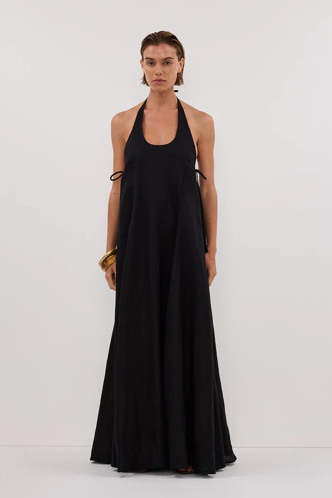 ABBY BLACK HALTER LINEN MAXI DRESS | DISSH