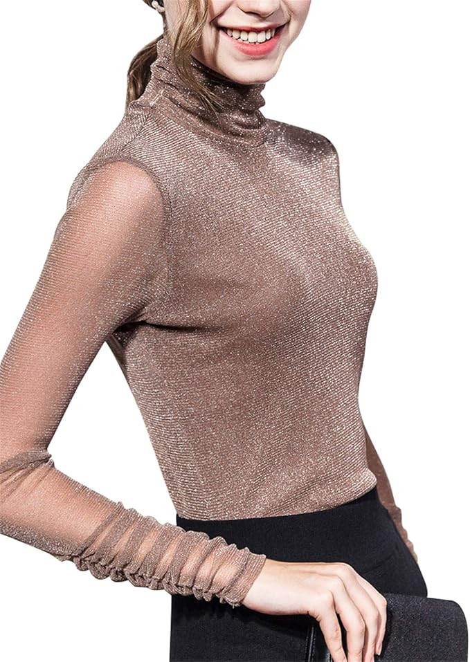 Women's Turtleneck Top Long Sleeve Slim Fit Shirts Mesh Sheer See Through Casual Top | Amazon (US)