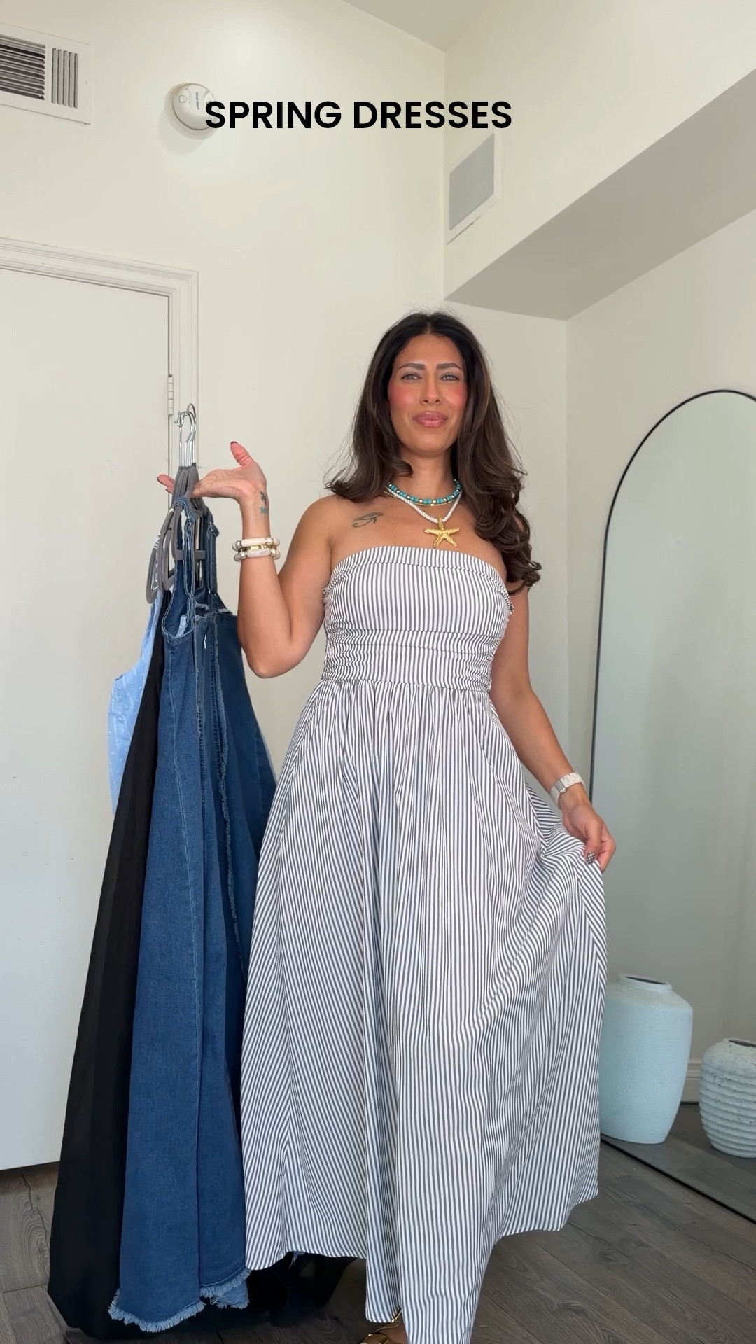 Spring dresses 

Dress 1: stretchy denim dress - wearing size small, so cute and flattering 

Dress 2: flowy black dress - feels so expensive but isn’t - wearing size small 

Dress 3: loving this strapless striped dress - super flattering and perfect for any casual outing. Wearing small 

Dress 4: really love this one but it’s loose at the chest and better to wear a swimsuit under. Wearing small, so cute and comes in other colors 

Dress 5: this one is shorter than what the picture showed, so it comes to my calves and I’m 5’4. Definitely better on petites or maybe size up and the length may be a bit longer. 

#LTKSeasonal #LTKMidsize #LTKootd