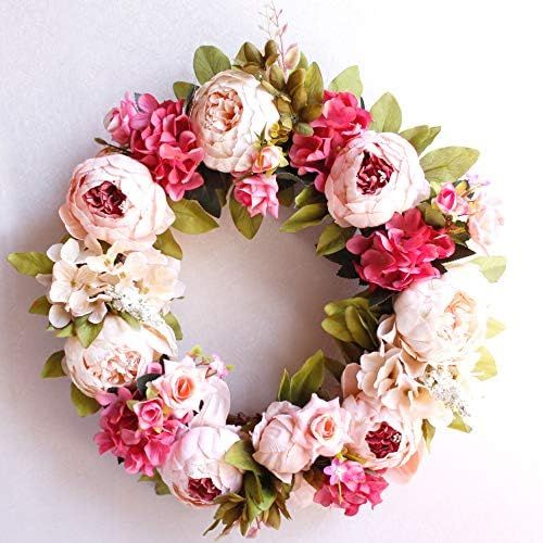 Dseap Wreath - 17-Inches, Peony Flower: Decorative Artificial Flower Wreath, Faux Floral Wreath for  | Amazon (US)