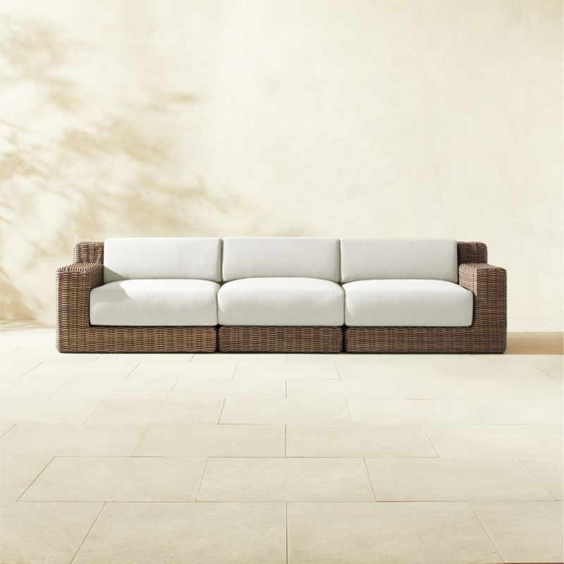 Maylin 3-Piece All-Weather Rattan Outdoor Sofa with Warm White Sunbrella Cushions | CB2 | CB2