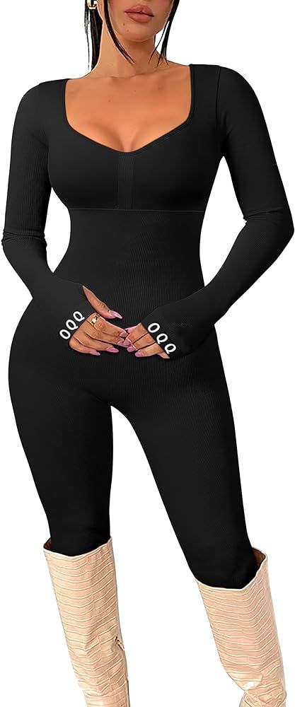 OQQ Women‘s Yoga Jumpsuits Workout Ribbed Workout Long Sleeve Tops Padded Sports Bra Exercise J... | Amazon (US)