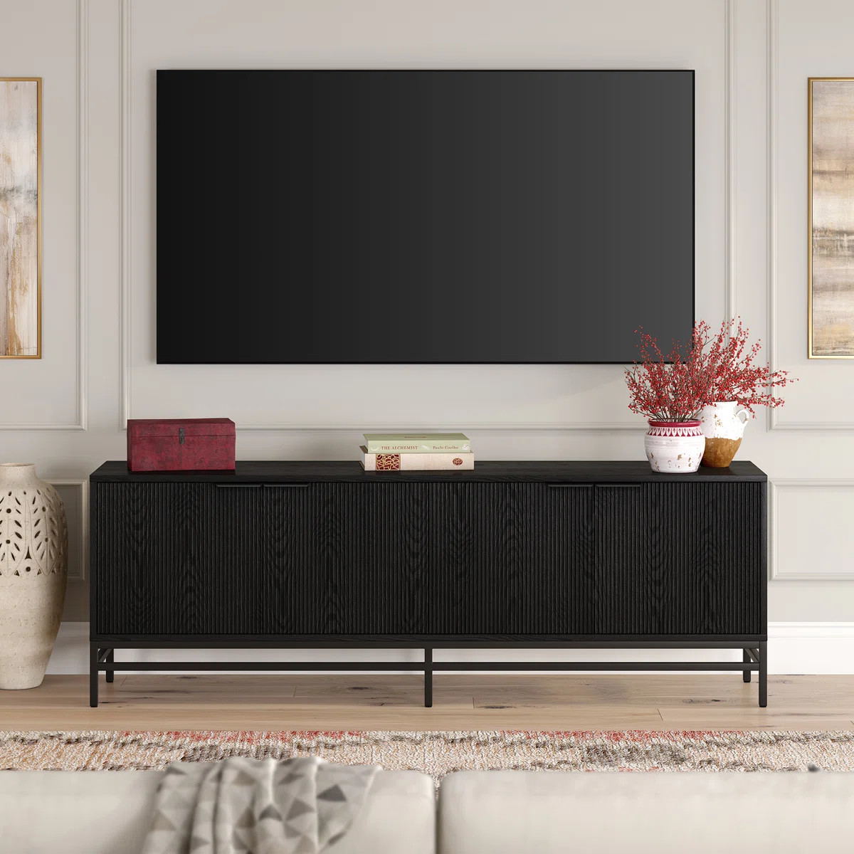 70" TV Stand for TVs up to 78" with Fluted Doors & Cable Management \u2014 Black Grain Transition... | Wayfair North America