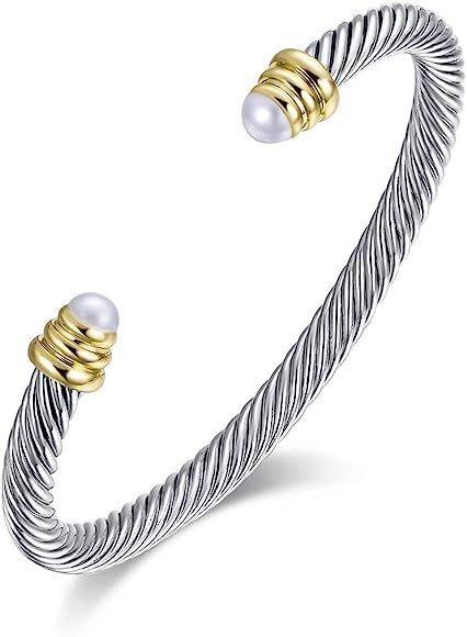 Brass Alloy Cable Wire Composite Shell Pearl Cuff Bracelet | Amazon (US)