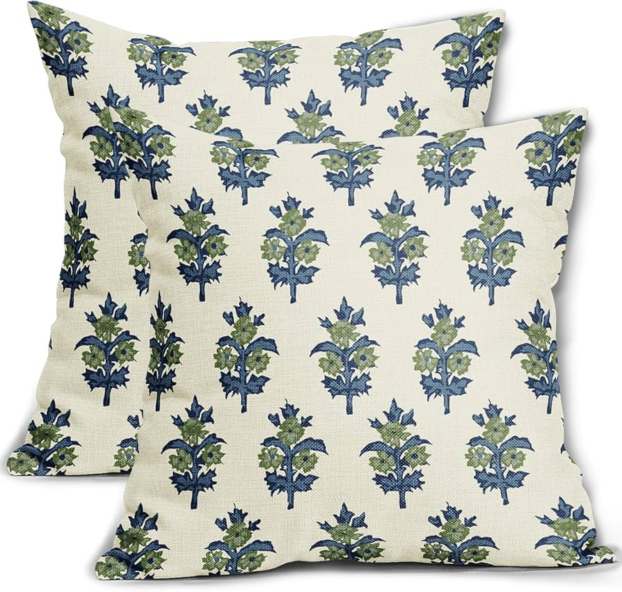 Blue Sage Green Floral Pillow Covers 18x18 Set of 2 Spring Summer Flower Leaves Print Decorative ... | Amazon (US)