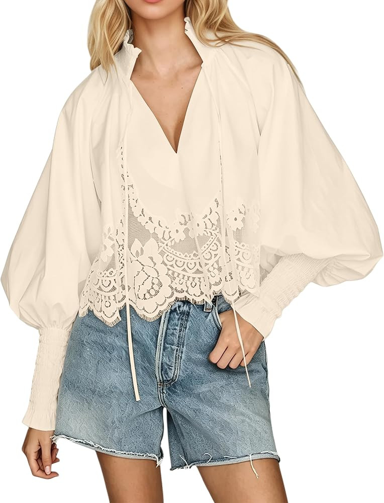 Women Lace Scalloped Trim Puff Long Sleeve Tie V Neck Shirt Top | Amazon (US)
