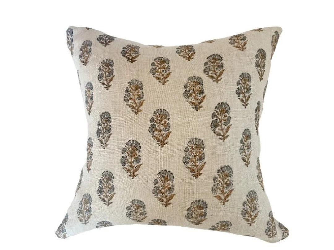 SAGE Beige Linen Background and Large Tan and Blue Flower Handblock Pillow Cover - Etsy | Etsy (US)