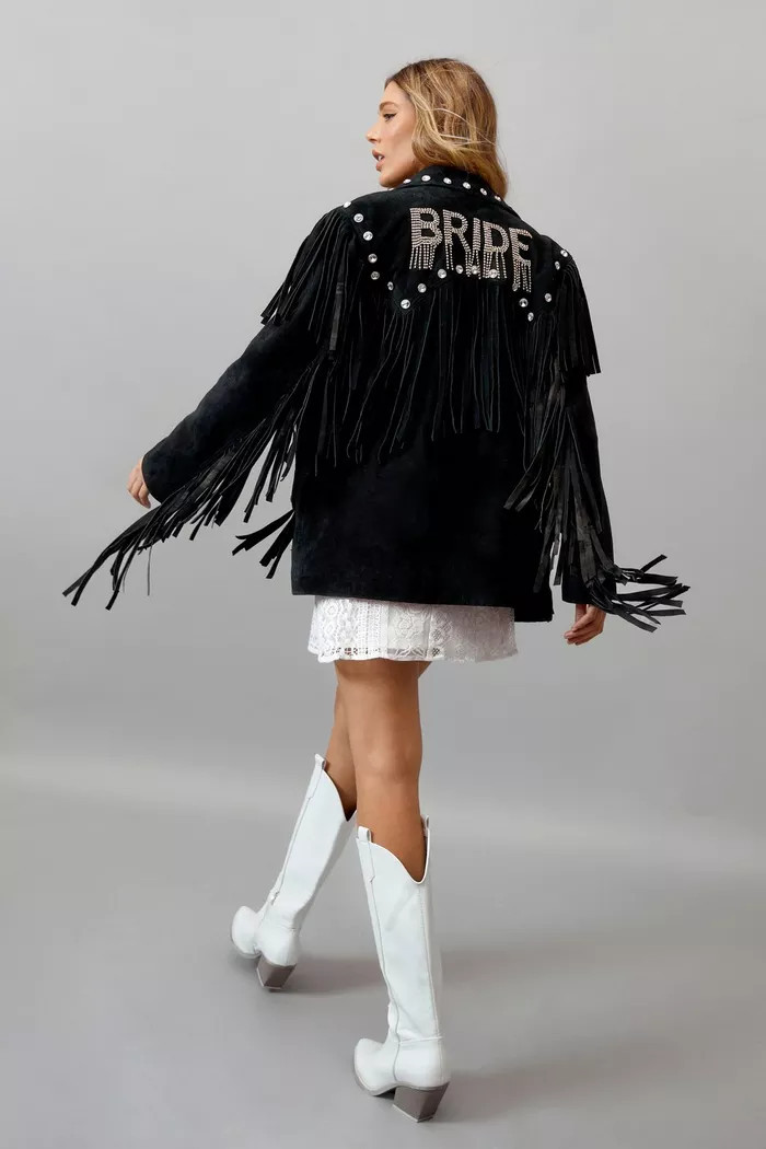 Real Suede Bridal Embellished Fringe Jacket | Boohoo.com (UK & IE)