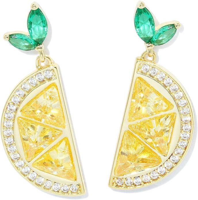 SISMIURRA Fruit Earrings for Women Lemon Cubic Zirconia Drop Dangle Fun Earrings 18K Gold Plated ... | Amazon (US)
