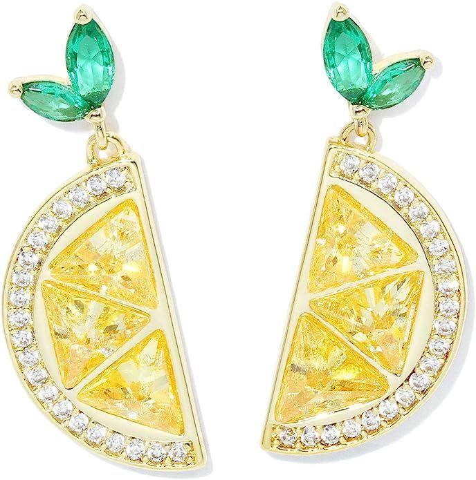 SISMIURRA Fruit Earrings for Women Lemon Cubic Zirconia Drop Dangle Fun Earrings 18K Gold Plated ... | Amazon (US)