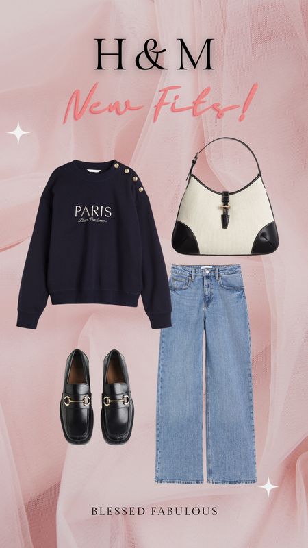 H&M spring outfit from their new arrivals! Wide leg denim jean, horse bit buckle loafer, Paris button detail sweater sweatshirt, tan white and black handbag 

#LTKSpringSale #LTKSeasonal #LTKfindsunder50