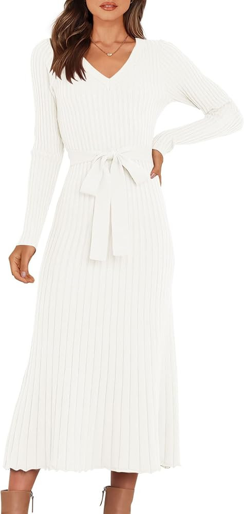 ANRABESS Women's Sweater Dress 2023 Fall Long Sleeve V Neck Tie Waist Slim Fit Elegant Ribbed Knit B | Amazon (US)