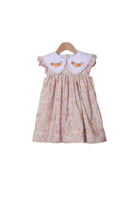 Hand Embroidered Pumpkin Flutter Sleeve Dress | The Smocked Flamingo