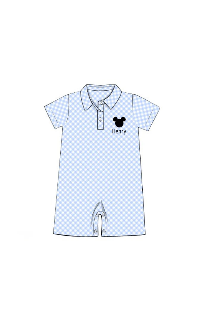 Pre-Order Embroidered Mouse Blue Gingham Polo Romper | The Smocked Flamingo