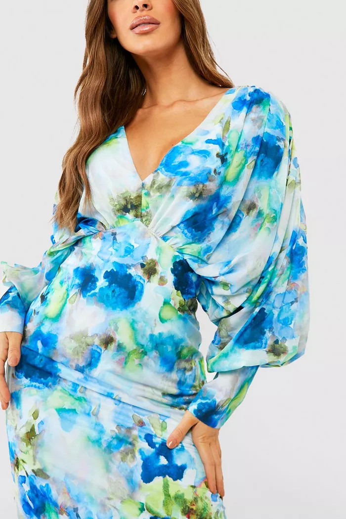 Floral Chiffon Blouson Sleeve Midi Dress | Boohoo.com (UK & IE)