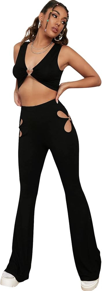 MakeMeChic Women's 2 Piece Outfits Deep V Neck Crop Tank Top Cutout Flare Pants Set | Amazon (US)