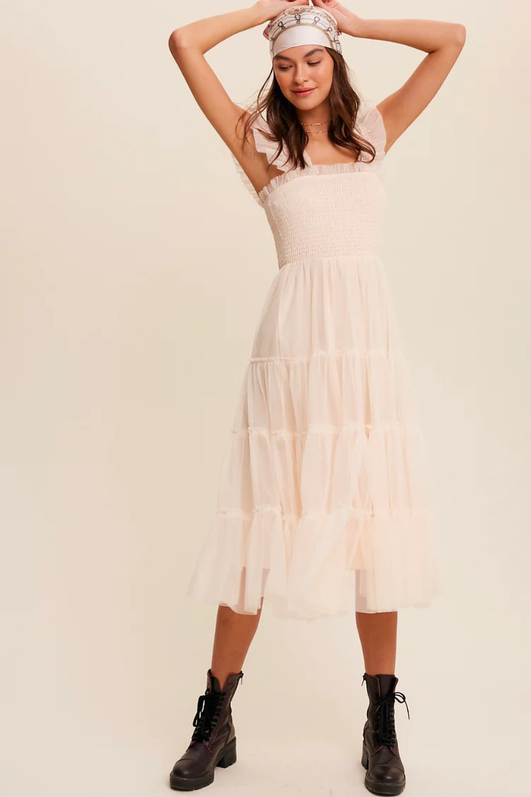 Fiori Short Champagne Tulle Tiered Midi Dress | Confête