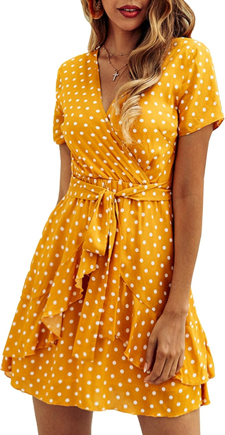 ECOWISH Womens Dresses V Neck Polka Dot Ruffles Mini Sexy Dress Short Sleeve Summer Dresses with ... | Amazon (US)