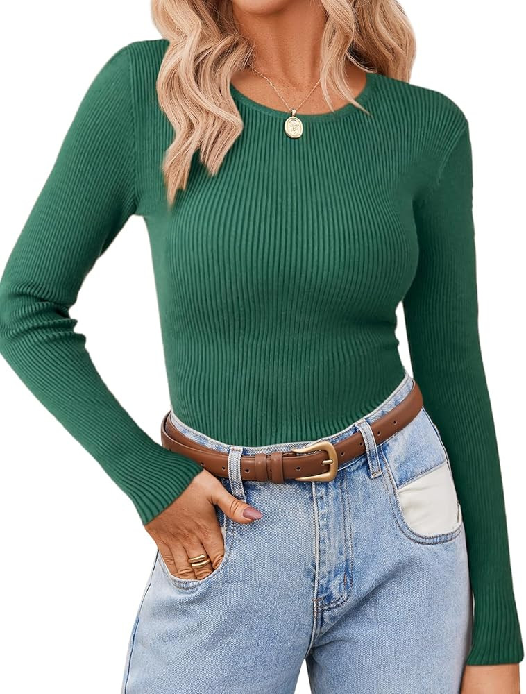Zeagoo Women's Long Sleeve Ribbed Shirt 2024 Fall Knit Sweater Basic Slim Fit Tops Crewneck Cute ... | Amazon (US)