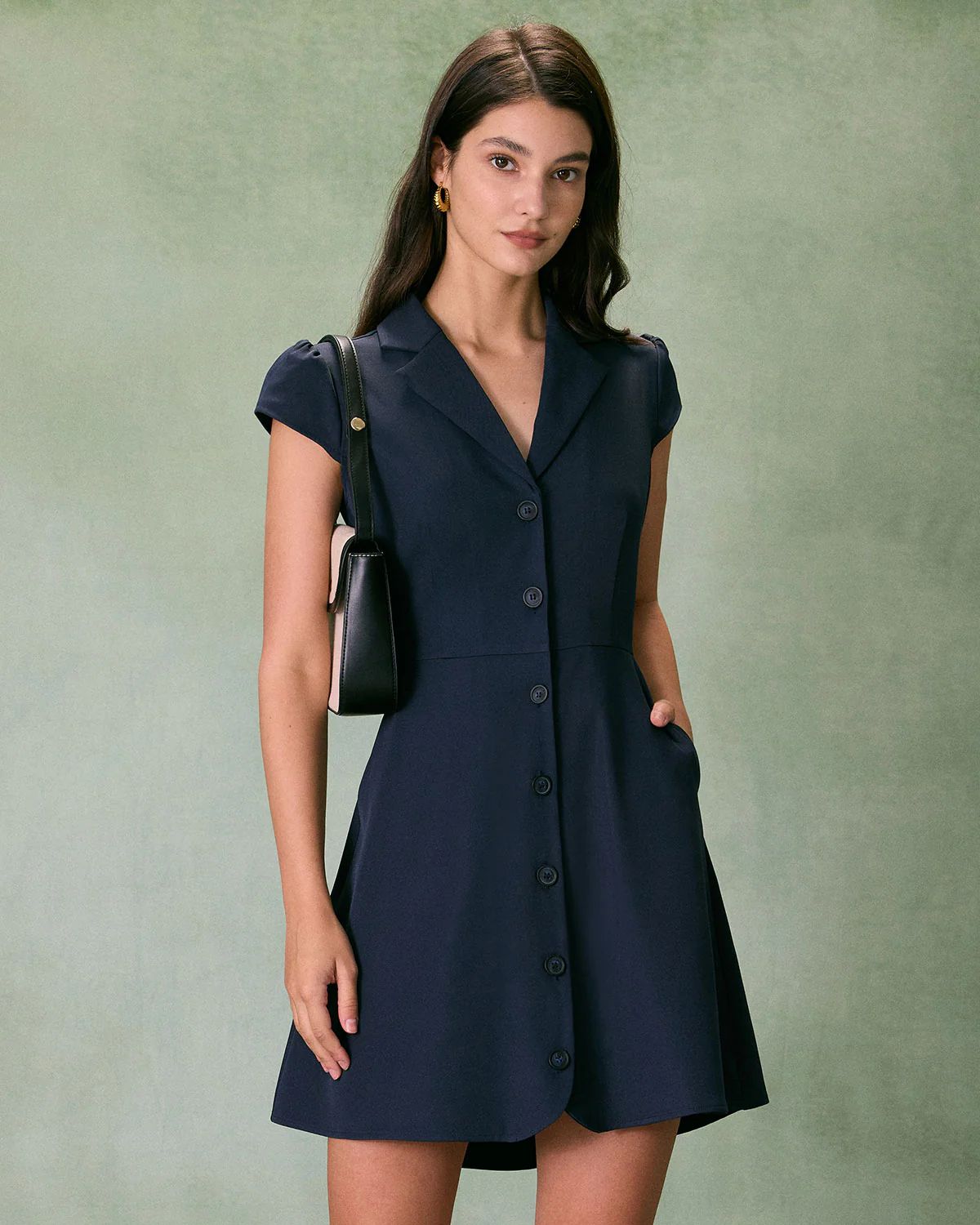 The Navy Lapel Cap Sleeve Button-up Mini Dress & Reviews - Navy - Dresses | RIHOAS | rihoas.com