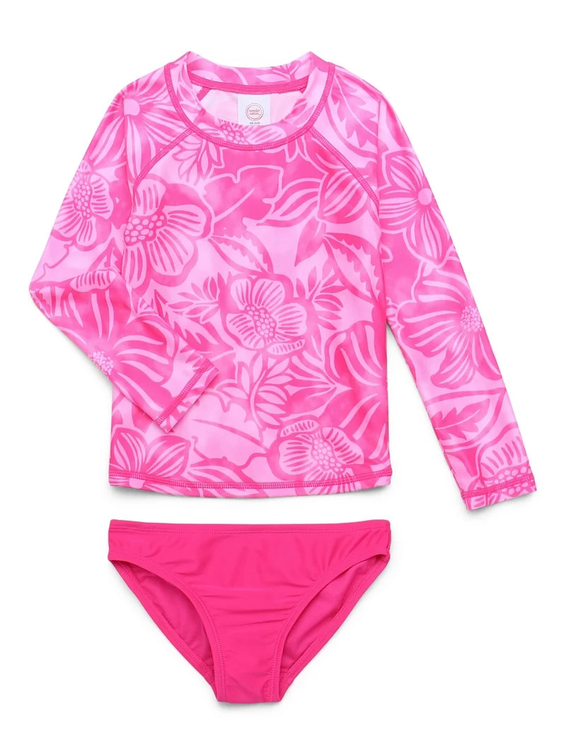 Wonder Nation Girls Rash Guard and Bottoms Swimsuit Set with UPF 50+, 2-Piece, Sizes 4-18 & Plus | Walmart (US)