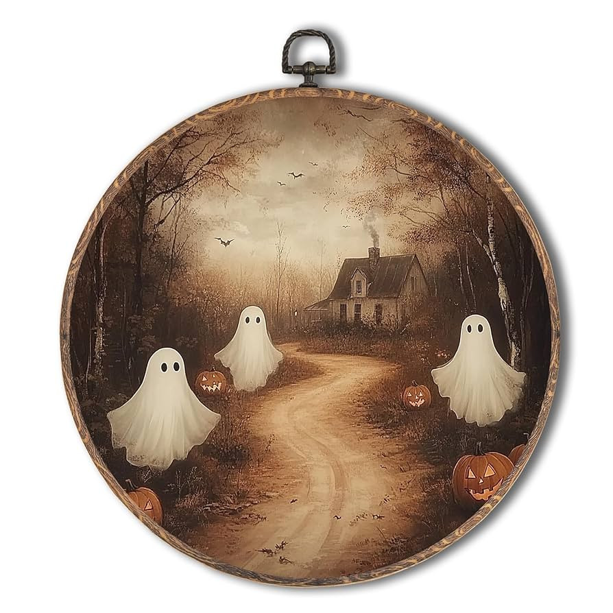 Yorhifa Vintage Ghost Pumpkin Halloween Framed Wall Art, Cute Spooky Ghost Round Wall Art, Dark C... | Amazon (US)