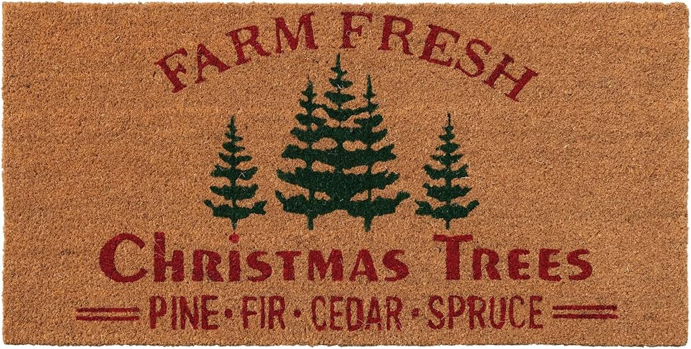 Creative Co-Op 32" L x 16" W Natural Coir Doormat Farm Fresh Christmas Trees, Red & Green | Amazon (US)