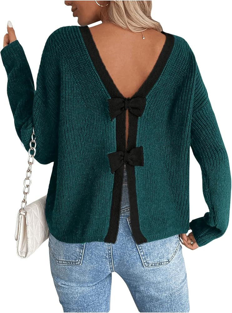GORGLITTER Women's Bow Sweater Open Back Long Sleeve Knitted Crewneck Colorblock Pullover Trendy ... | Amazon (US)