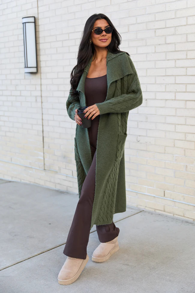 Keegan Green Oversized Cable Knit Duster Cardigan | Pink Lily
