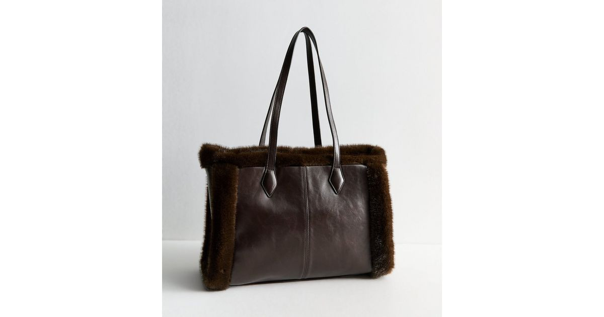 Dark Brown Faux Leather and Fur Trim Tote Bag New Look | New Look (UK)