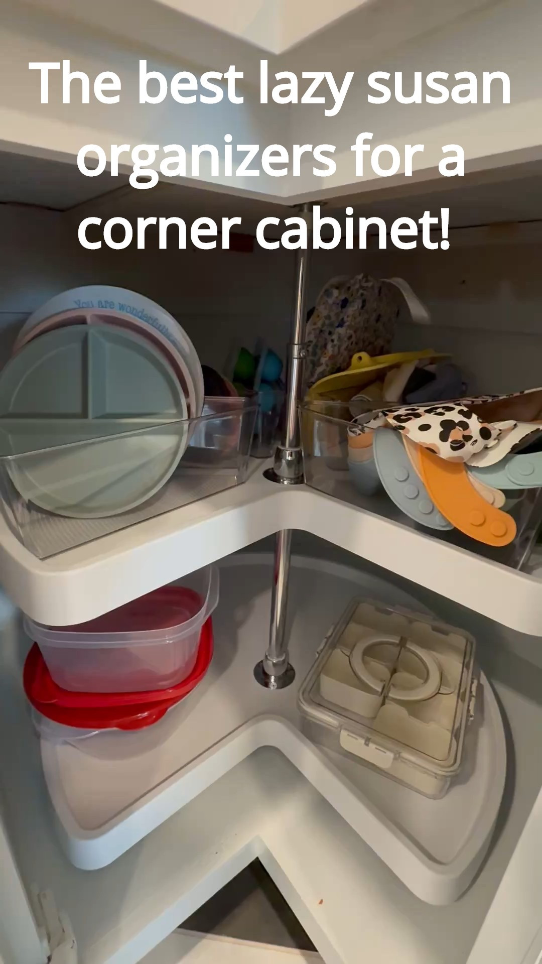 Lazy susan kitchen organization with baby and toddler feeding utensils, plates and snack containers! 

#LTKKids #LTKFamily #LTKBaby