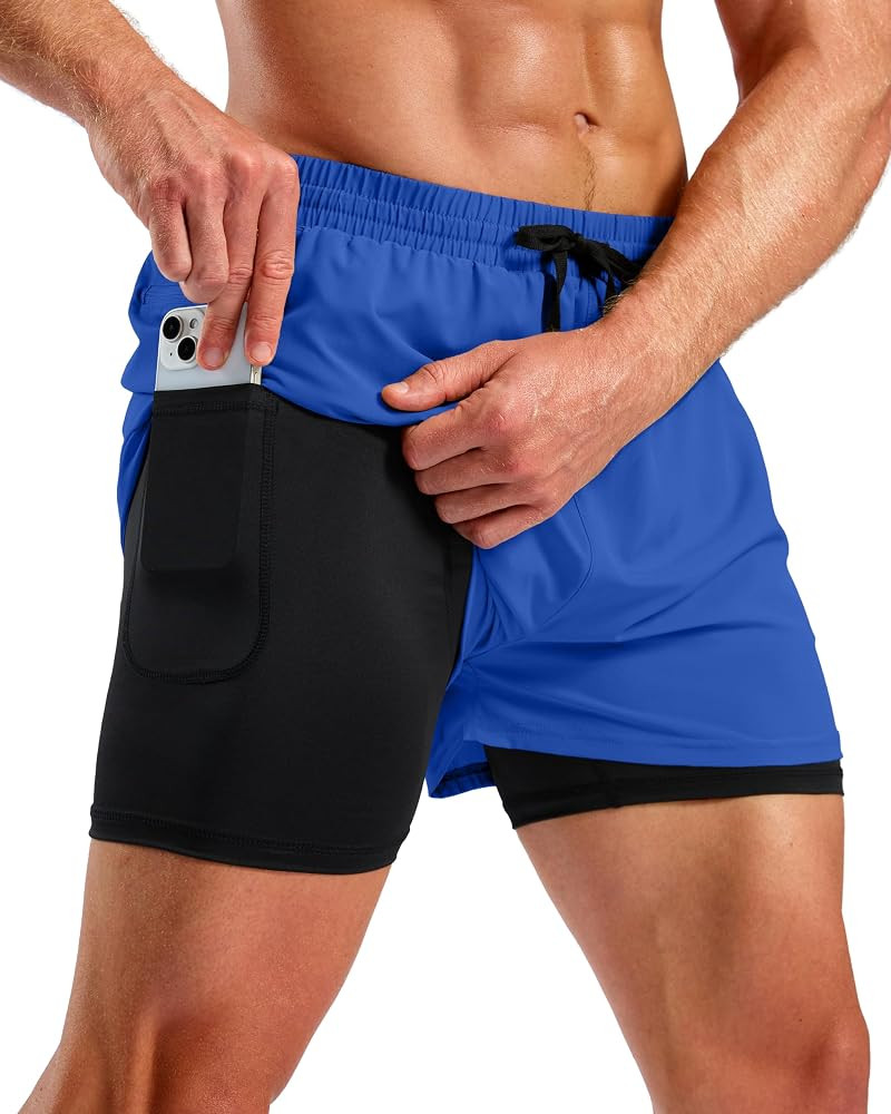 Pudolla Men's 2 in 1 Workout Running Shorts 5" Quick Dry Lined Gym Shorts Athletic with 4 Pockets... | Amazon (US)