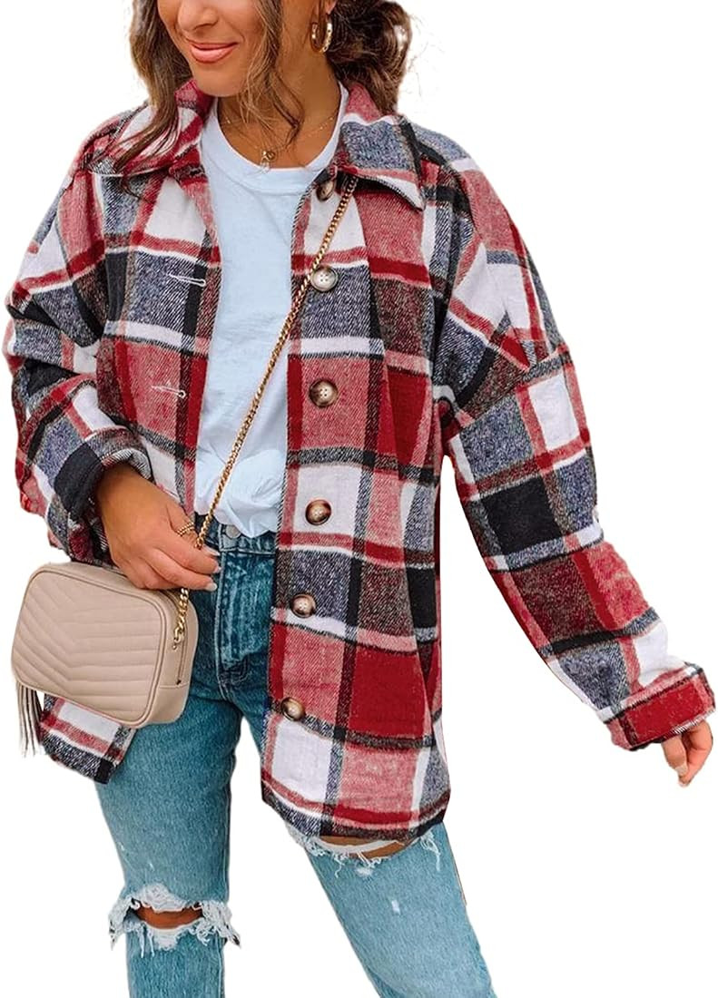 SHEWIN Womens Long Sleeve Plaid Shirts Flannel Lapel Button Down Shacket Jacket Coats | Amazon (US)