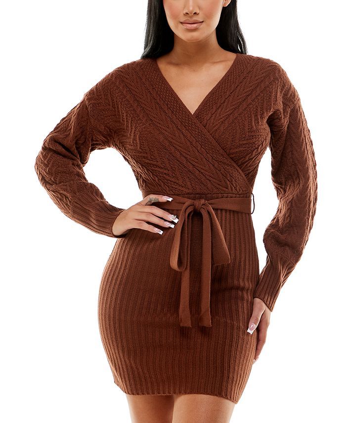 Planet Gold Juniors' Belted Cable-Knit V-Neck Wrap Sweater Dress & Reviews - Dresses - Juniors - ... | Macys (US)