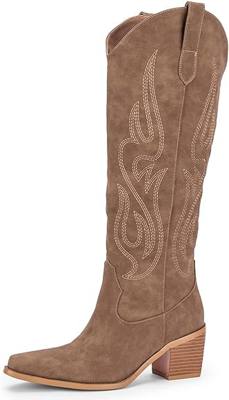 Pasuot Western Cowboy Boots for Women - Knee High Wide Calf Cowgirl Boots with Side Zip and Embroide | Amazon (US)