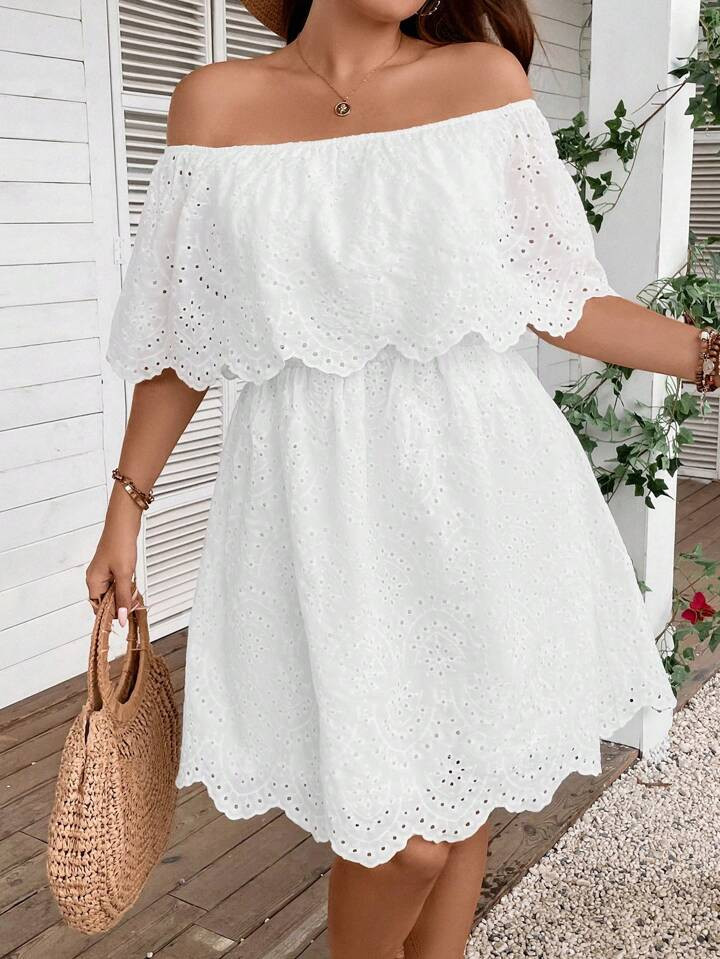 SHEIN LUNE Plus Off Shoulder Scallop Trim Schiffy Dress | SHEIN