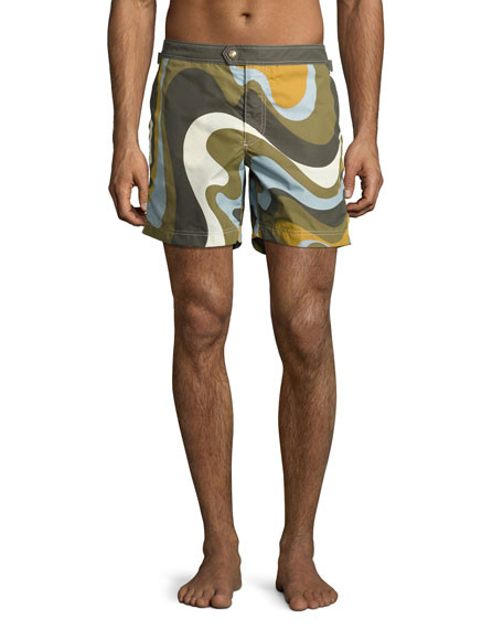 TOM FORD Swirl-Print Swim Trunks, Army/Blue | Neiman Marcus