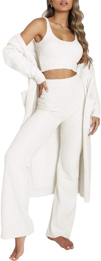 TOLENY Women's Fuzzy 3 Piece Lounge Sets Tank Top Wide Leg Pants Cardigan Jacket Fleece Pajamas S... | Amazon (US)