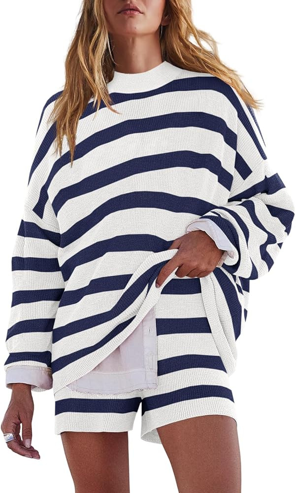 LAMISSCHE Womens Oversized Lounge Sets 2 Piece Outfits Striped Matching Pajama Set Long Sleeve Sw... | Amazon (US)