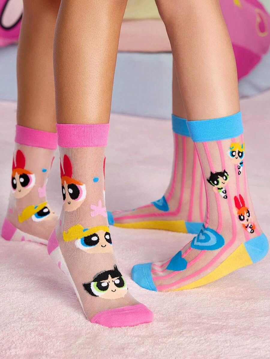 THE POWERPUFF GIRLS X SHEIN 2 Pairs Super Thin Cartoon Heart & Polka Dot Pattern Sexy Socks Cryst... | SHEIN