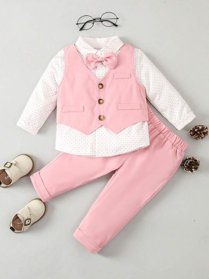 Baby Boy Gentleman Pink Bow Tie Shirt + Vest + Pants Party 3-Piece Set, Fashionable, Suitable For... | SHEIN