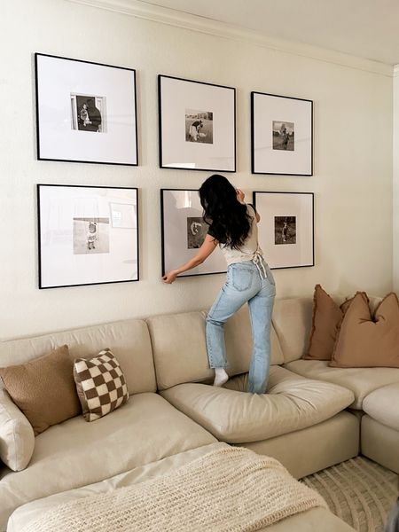 Gallery wall, living room decor, picture frames, matted picture frame, cloud couch, cloud couch dupe, throw pillows, frame it easy, Abercrombie curve love jeans

#LTKU #LTKstyletip #LTKhome